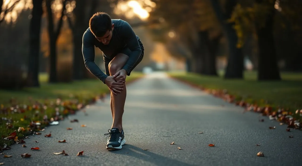 Runner stopping to hold a sore knee on a park path