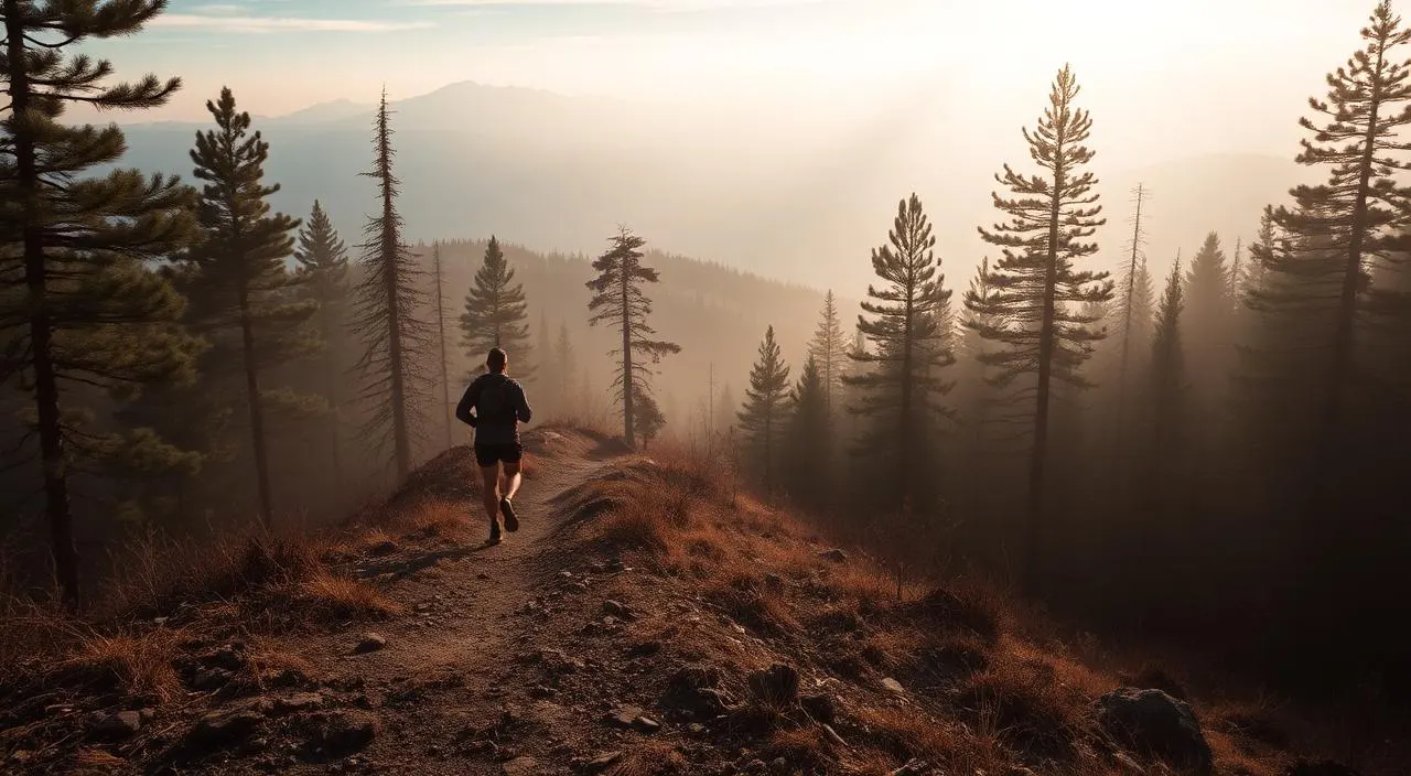 Trail runner cresting a misty forest hill in autumn