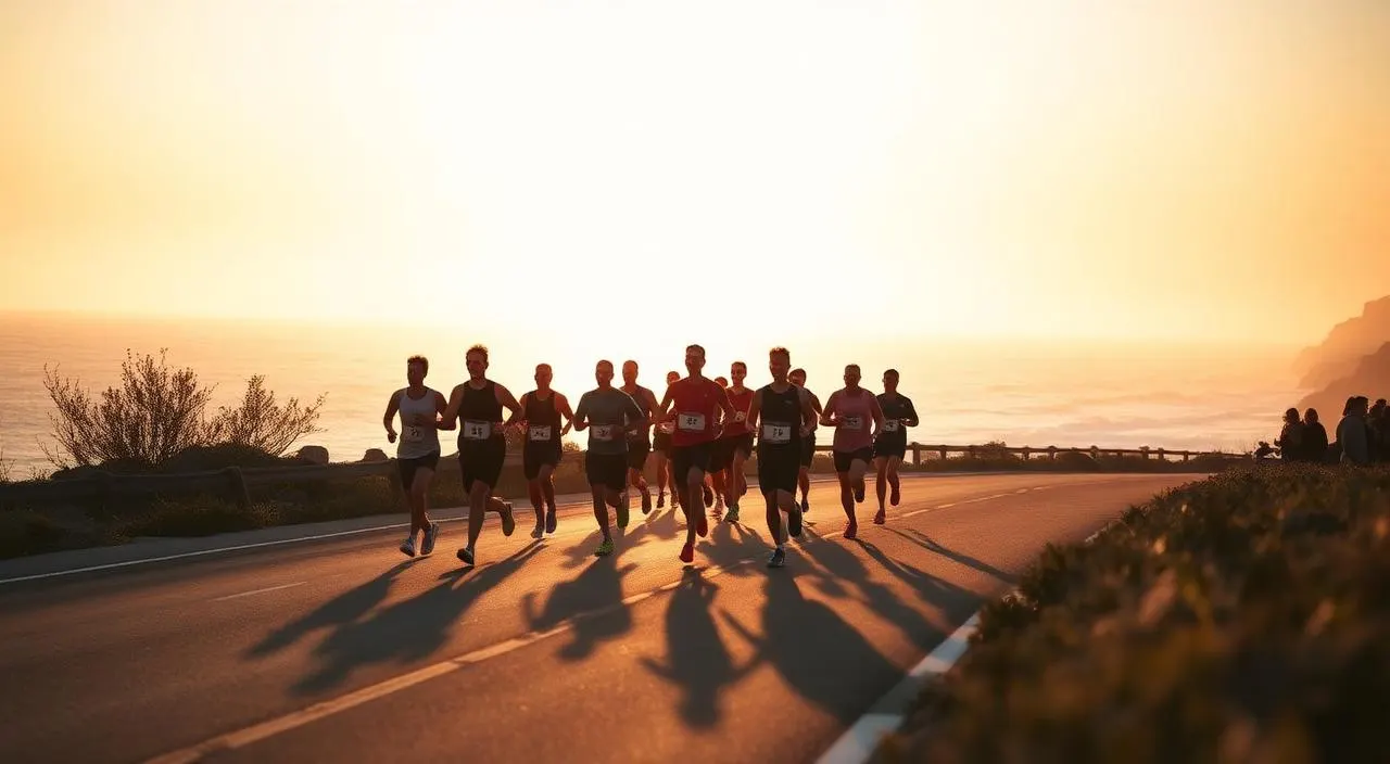 Group of runners racing on a coastal road at sunrise