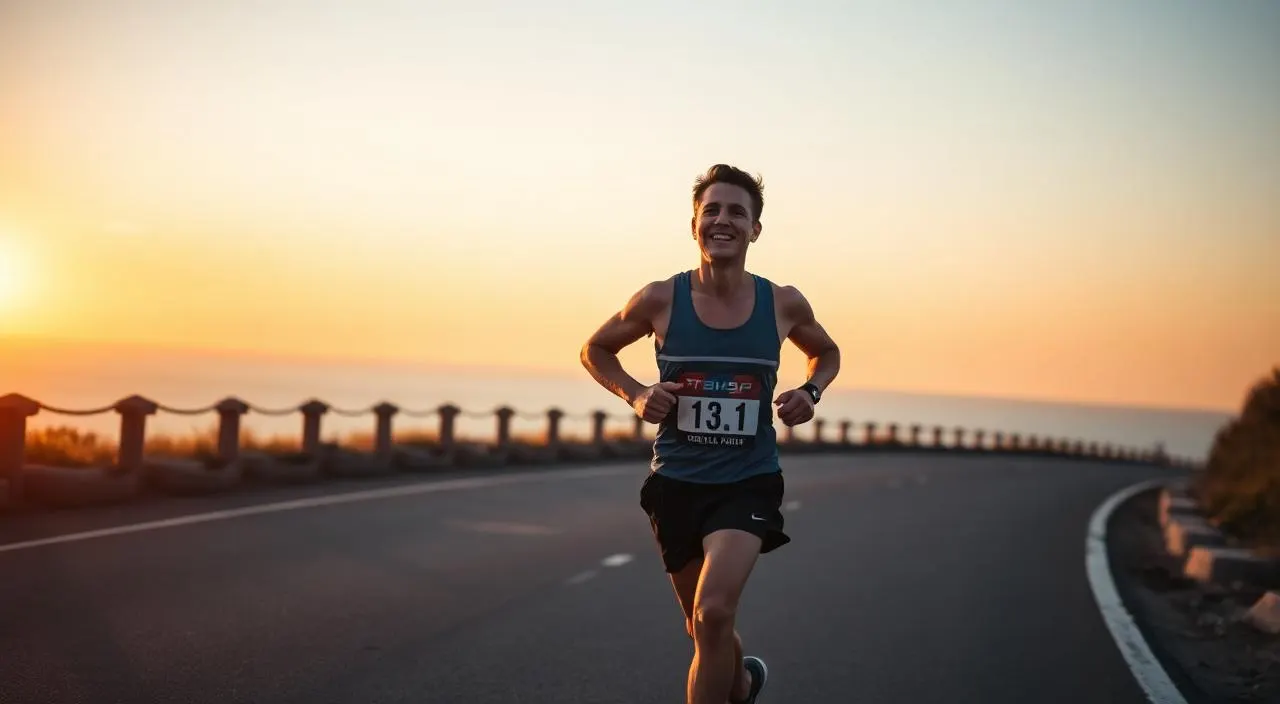Runner on a coastal road at sunrise